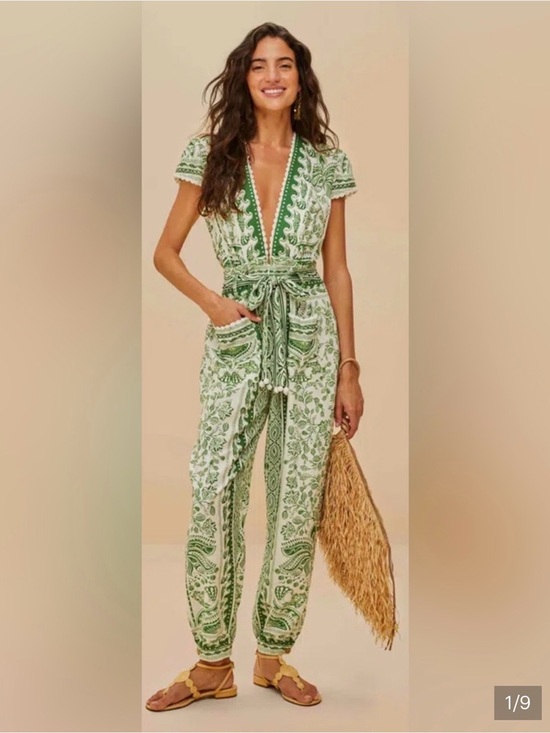 FARM Rio Pants - FARM Rio Green & White Tropical Print Jumpsuit — Size M